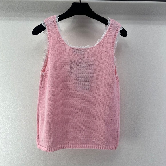Miu Miu Pink Knit Logo Tank with White Lace Trim - Picture 3 of 5
